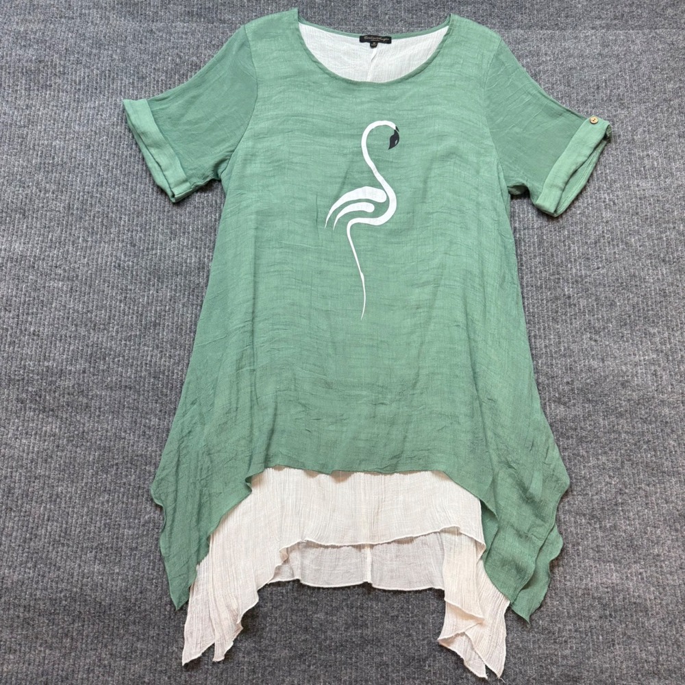 Caroline Morgan Sage Flamingo Tunic Top‎ 18 Lagenlook Oversized Boho Artsy